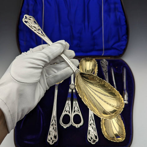 Around 1890 English antique silver plate fruit & nuts set in case